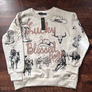 Lucky & Blessed Western Theme Sweatshirt - White and Black